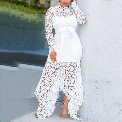Irregular Hem Lace Long Sleeve Dresses - Image 2