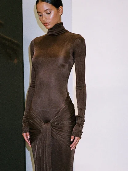 Turtleneck Solid Long Sleeve Dresses - Image 2