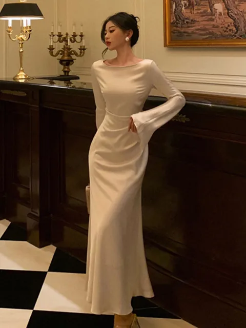 slim fit dress slacks Simple Minimalist Wedding Dresses with Pocket Flare Sleeve Satin Brida –  Viniodress main image 1