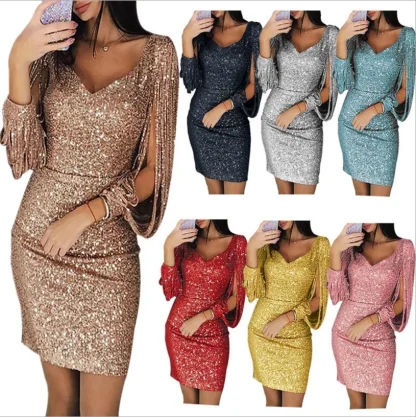Sequins Tassel Long Sleeve Dresses - Image 7