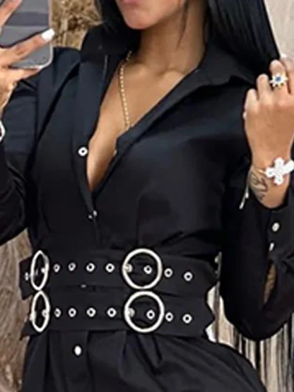 Belted Buttoned Shirt Long Sleeve Dress - Image 3