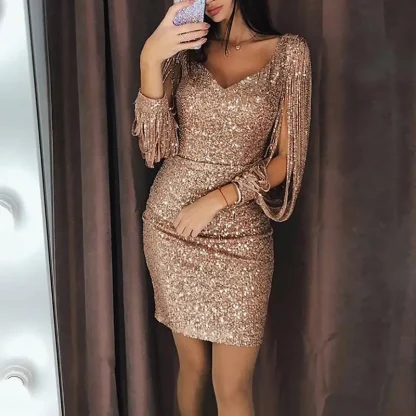 Sequins Tassel Long Sleeve Dresses - Image 3