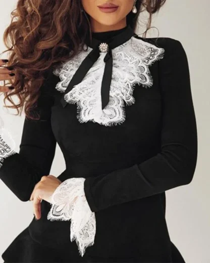 Lace Black Tiered Long Sleeve Dress - Image 2