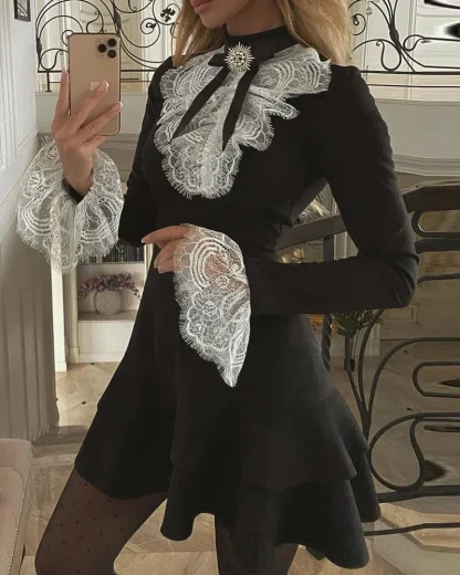 Lace Black Tiered Long Sleeve Dress - Image 3