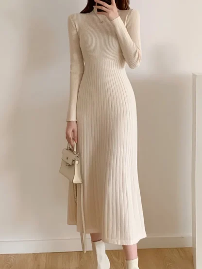 Solid Knitted Long Sleeve Dresses - Image 4