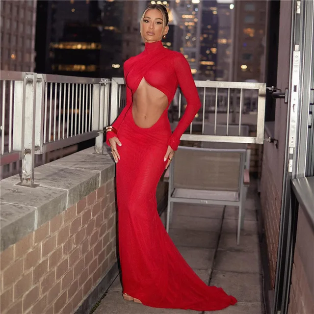 open lace back dress Glamorous High Neck Long Sleeve Red Prom Dress Long with Split main image 0
