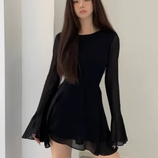 Black Backless Long Sleeve Dress