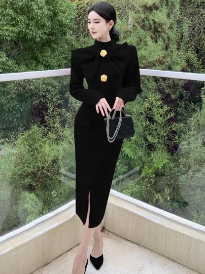 Elegant Bow Long Sleeve Dress - Image 6