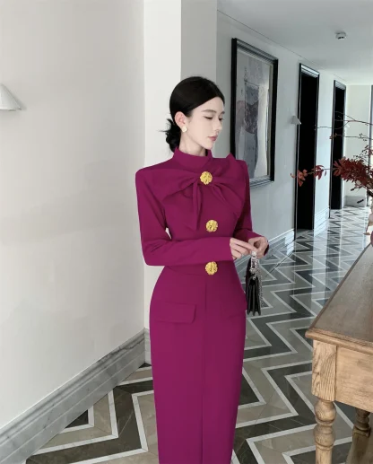 Elegant Bow Long Sleeve Dress - Image 3