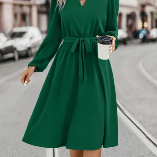 Waist Tie A-line Long Sleeve Dresses