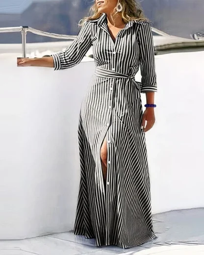 Button Down Striped Long Sleeve Dresses - Image 6